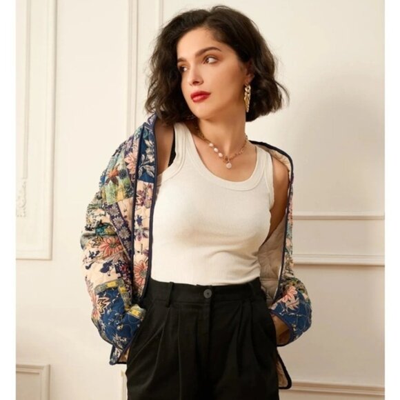 Blue Quilted Jacket Patchwork Winter Floral Grannycore Cottagecore Coat L - Picture 3 of 16